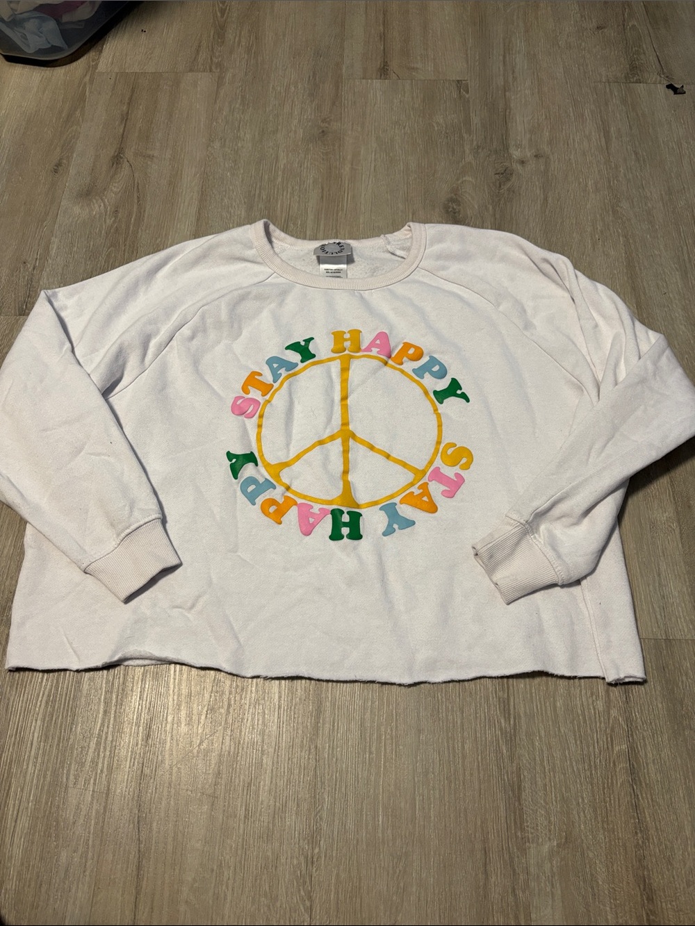 Revolution White Crewneck Sweatshirt with Multicolor 'Stay Happy' Peace Sign